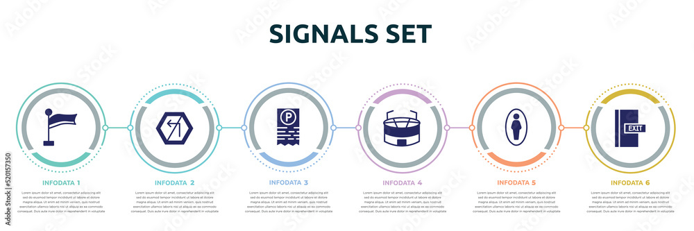 signals set concept infographic design template. included plain flag, no turn left, parking ticket, big stadium, men toilet, emergency door icons and 6 option or steps. signals set concept infographic design template. included plain flag, no turn left, parking ticket, big stadium, men toilet, emergency door icons and 6 option or steps.