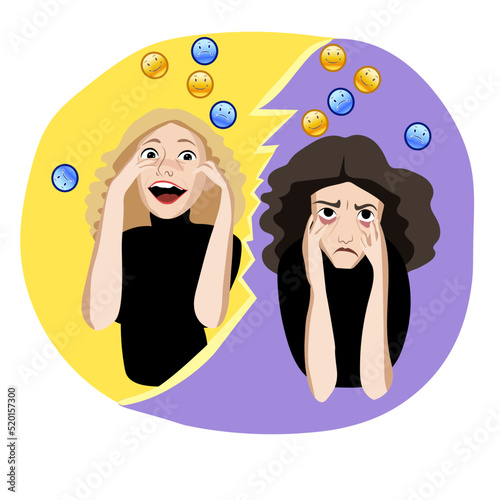 Bipolar disorder, woman suffers from disorder, she has mood swing from mania to depression