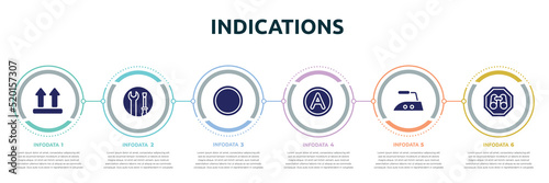 indications concept infographic design template. included lift, wrench and screwdriver, empty circle, any solvent, hot iron, site seeing place icons and 6 option or steps.