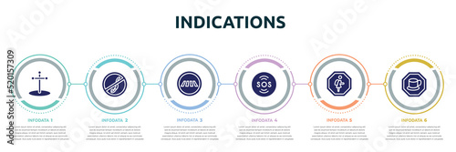 indications concept infographic design template. included cross stuck in ground, no diving, road crossing, sos warning, school zone, cafe bar icons and 6 option or steps.