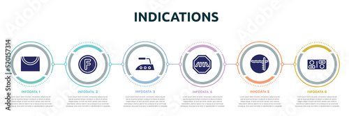 indications concept infographic design template. included drying, petroleum solvent, iron high temperature, crossing road caution, pool depth, restroom icons and 6 option or steps.