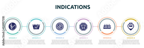 indications concept infographic design template. included walking up stair, 30 degree laundry, no lifeguard, scholar bus stop, ferry carrying cars, inmigration check point icons and 6 option or