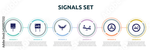 signals set concept infographic design template. included uneven, one way, hawk, children on teeter totter, biohazard risk triangular, forbidden smoking icons and 6 option or steps.