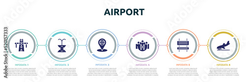 airport concept infographic design template. included bridge on avenue perspective, public fountain, placeholder point, square hotel, rectangle and arrow, landing icons and 6 option or steps.