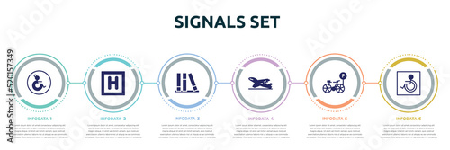 signals set concept infographic design template. included wheelchair side view, round hotel, three books, take off, bike parking, handicapped icons and 6 option or steps.