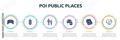 poi public places concept infographic design template. included nursing, semaphore traffic lights, father and child, locked car, 3d dictionary, electrocardiogram inside heart icons and 6 option or