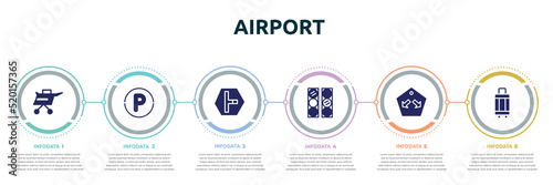 airport concept infographic design template. included air taxi, parking hexagonal, t junction, semaphore lights, keep in lane, hand luggage icons and 6 option or steps.