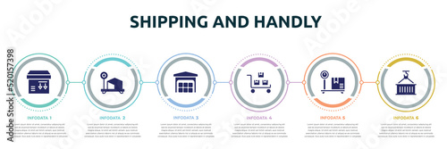shipping and handly concept infographic design template. included side down, box weight, piles stored, package on trolley, box on delivery scale, use hook icons and 6 option or steps.