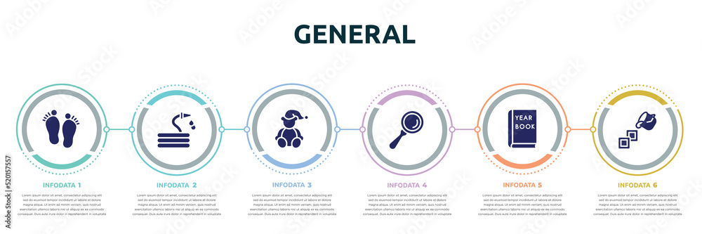 general concept infographic design template. included steps, hose with drops, teddy bear with sleep hat, magnifiying glass, yearbook, live paint icons and 6 option or steps. general concept infographic design template. included steps, hose with drops, teddy bear with sleep hat, magnifiying glass, yearbook, live paint icons and 6 option or steps.