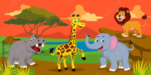 lion, elephant, giraffe, hippo with african scenery background
