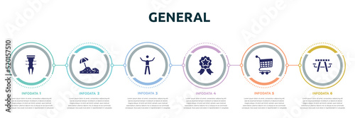 general concept infographic design template. included dyupel, sand, man with open arms, winning, shopping trolley, picnic table with basket icons and 6 option or steps.