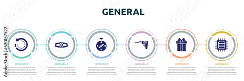 general concept infographic design template. included clockwise, head mirror, compass pointing south east, perforator, gift box with ribbon, patch crop icons and 6 option or steps.