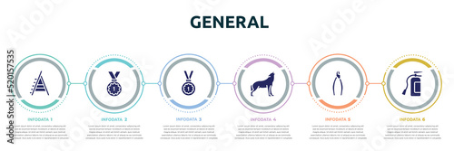 general concept infographic design template. included stepladder, number one medal, win, wolf howling, nippers, fire estinguisher icons and 6 option or steps.