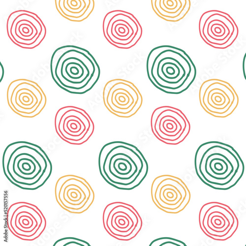 Cartoon spiral hand drawn seamless pattern green yellow red