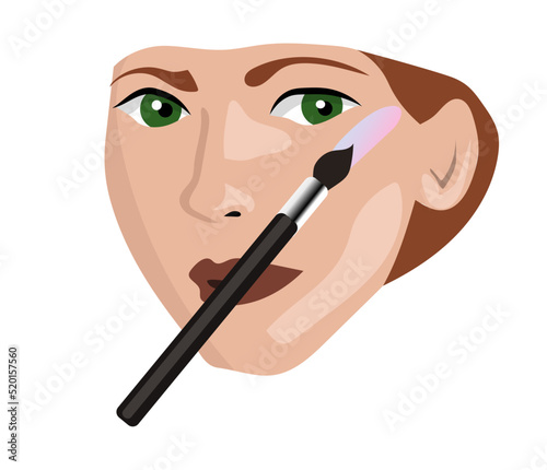 Applying highlighter, face of girl on isolated white background