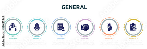 general concept infographic design template. included outsourcing, matryoshka, profile list, mri scanner, inspiration, marketing plan icons and 6 option or steps.