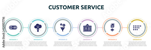 customer service concept infographic design template. included on, upload to cloud, conversion, credential, sharing archives, ratings icons and 6 option or steps.