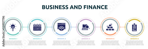 business and finance concept infographic design template. included big light bulb, calendar event, web package, optimizer, six gold bars, long id card icons and 6 option or steps.