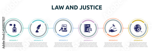 law and justice concept infographic design template. included witness, feather pen, law paper, labour and social law, qualified protection, international icons and 6 option or steps.