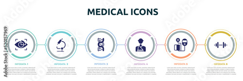 medical icons concept infographic design template. included eye scanner medical, microscope tool, dna sequence, man with broken arm, blood pressure control tool, weight icons and 6 option or steps.