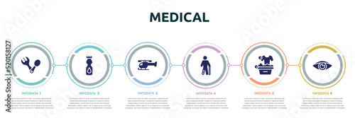 medical concept infographic design template. included spoon and fork, talcum powder, chopper, injured male, washing clothes, eyesight icons and 6 option or steps.