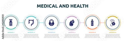 medical and health concept infographic design template. included medicine jar, intestine, baby bib, type b, body oil, impaired icons and 6 option or steps.