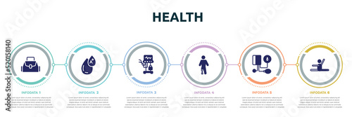 health concept infographic design template. included baby bag, type a, ventilator, prosthetic, tonometer, stretch icons and 6 option or steps.