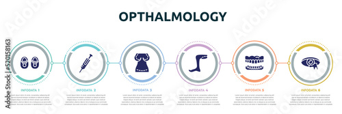 opthalmology concept infographic design template. included baby shoes, syringe needle, augmentation, legs, dentures, infection icons and 6 option or steps.