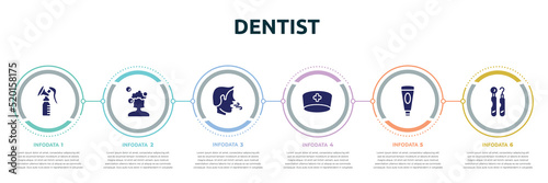 dentist concept infographic design template. included breast pump, hair wash, breath, doctor cap, facial foam, dental hook icons and 6 option or steps.