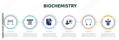 biochemistry concept infographic design template. included finish, basketball gear, homework, driving lessons, jump rope, chlorophyll icons and 6 option or steps.