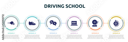 driving school concept infographic design template. included table tennis, football boots, qa, on, school bell, automatic icons and 6 option or steps.