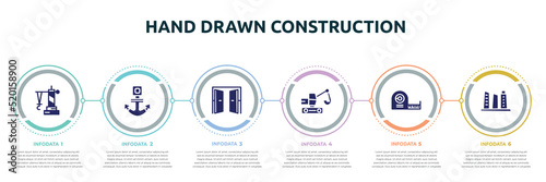 hand drawn construction concept infographic design template. included derrick facing right, anchor navigational tool, doors open, digger, measuring tape, building hand drawn tower icons and 6 option