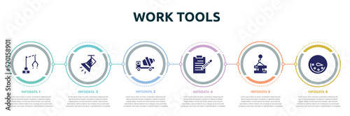 work tools concept infographic design template. included backhoes, light spot, cement truck, pencil on paper sheet, derrick with pallet, circular speedometer icons and 6 option or steps.