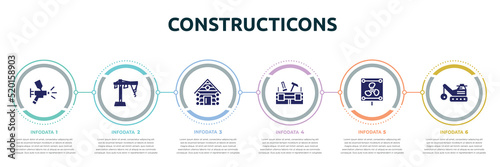 constructicons concept infographic design template. included paint airbrush, construction hand drawn sketch, cabin house, toolbox, vent, derrick with ball icons and 6 option or steps.