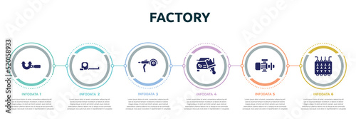 factory concept infographic design template. included micrometer, open scale, grinder, car painting, pump, fuse box icons and 6 option or steps.