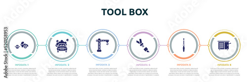 tool box concept infographic design template. included steamroller, car wash, lifter, seatbelt, repair screwdriver, vise icons and 6 option or steps.