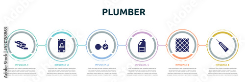 plumber concept infographic design template. included firewood trunks stacked, switch on, open compass, jerrycan, tile, caulk icons and 6 option or steps.