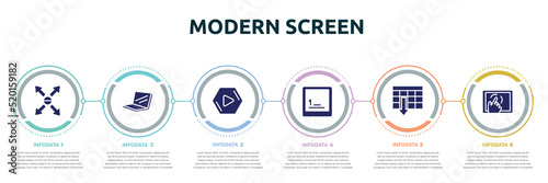 modern screen concept infographic design template. included responsive, laptop in perspective, media play, keyboard key 1, spreadsheet ascending order, cellphone in a hand icons and 6 option or