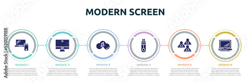 modern screen concept infographic design template. included laptop and tablet, computer with monitor, music on cloud, memory stick, computer workers team, laptop opened tool icons and 6 option or