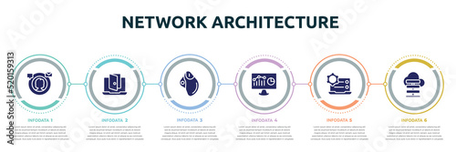 network architecture concept infographic design template. included digital campaign, backdoor, trackball, web analytics, preferences, cloud server icons and 6 option or steps.