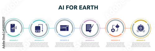 ai for earth concept infographic design template. included mobile network, power bank, resizing, blogging, synchronizing, robot vacuum cleaner icons and 6 option or steps.
