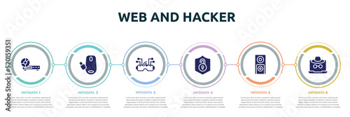web and hacker concept infographic design template. included woofers, wireless mouse, vr goggles, unsecure, dvd player, fraud icons and 6 option or steps.