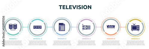 television concept infographic design template. included database storage, hdmi port, spreadsheet, gpu, rom, broadcasting icons and 6 option or steps.