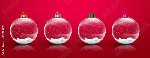 Christmas crystal ball vector set. Christmas balls crystal element with glass and snow falling design for winter holiday season decoration isolated in red background. Vector illustration.
