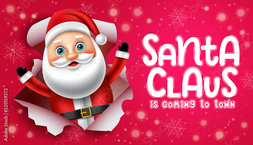 Santa claus christmas character vector design. Santa claus is coming to town text with santa character in cute facial expression for xmas holiday season celebration. Vector illustration.
