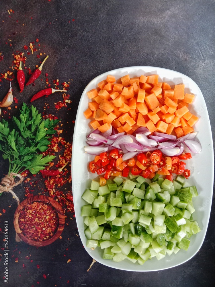 Cucumber pickled ingredients. Cucumber, carrot, chilli and onion. Indonesian taste. for background