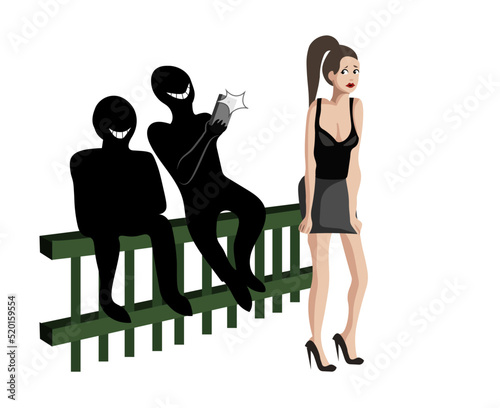 Stop sexual harassment, men are whistling at woman and taking pictures of her