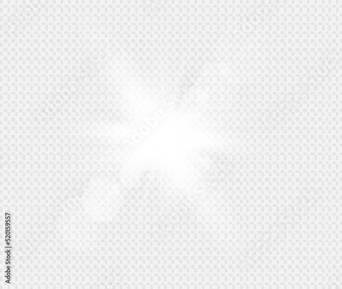 Solar glare.Glow isolated white transparent light effect set, lens flare, explosion, glitter, line, sun flash, spark and stars.