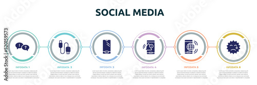 social media concept infographic design template. included dispute, usb connector, phone variant shape, bell interface, internet connection by cellphone, cry icons and 6 option or steps.