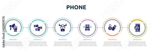 phone concept infographic design template. included strenght, debate, medical assistance, air purifier, locking, no sound icons and 6 option or steps.
